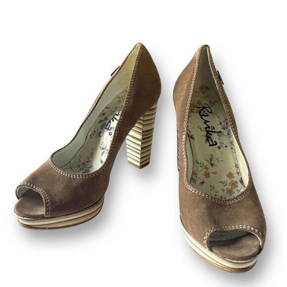 Ruika Women's Suede Peep Toe Stripes Platform Heel Brown‎ Size 39 - Picture 1 of 9